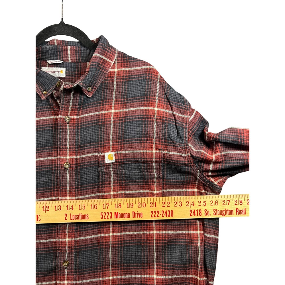 Carhartt Mens 2XL Relaxed Fit Rugged Flex Plaid Flannel Shirt Red Grey - Picture 5 of 7
